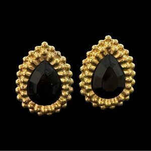 Vintage Gold-Tone Clip-On Earrings With Black Teardrop Design For Women